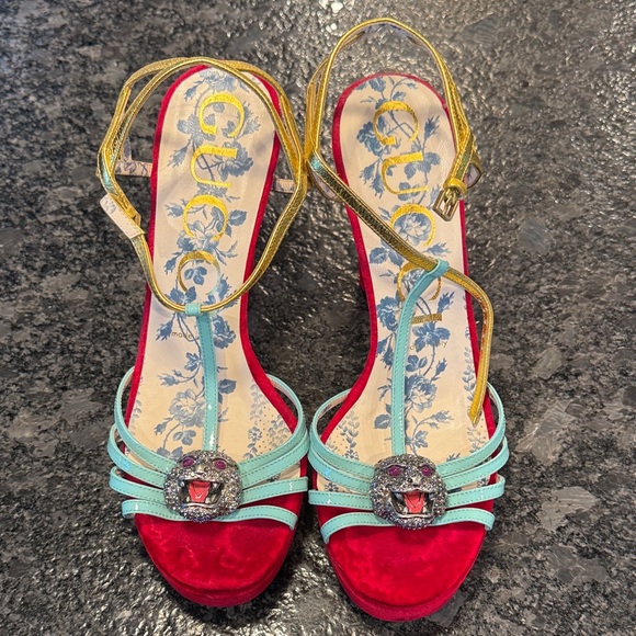 Gucci Shoes - Gucci Wangy red velvet with crystal feline. Beautiful!!